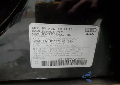 2011 Audi Q5 Premium Plus from USA, damaged, VIN WA1LFAFP8BA057396